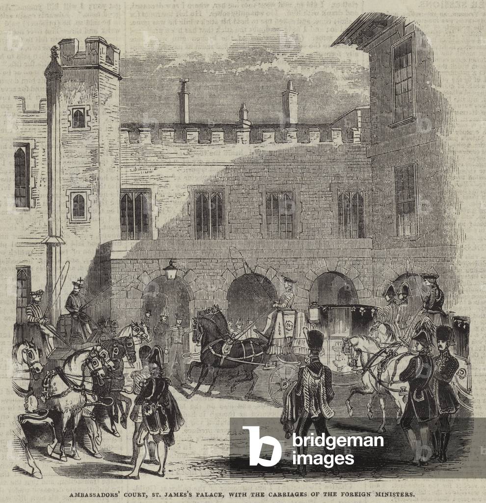 Corte degli Ambasciatori, Palazzo di San Giacomo, con le Carrozze dei Ministri degli Esteri (incisione)