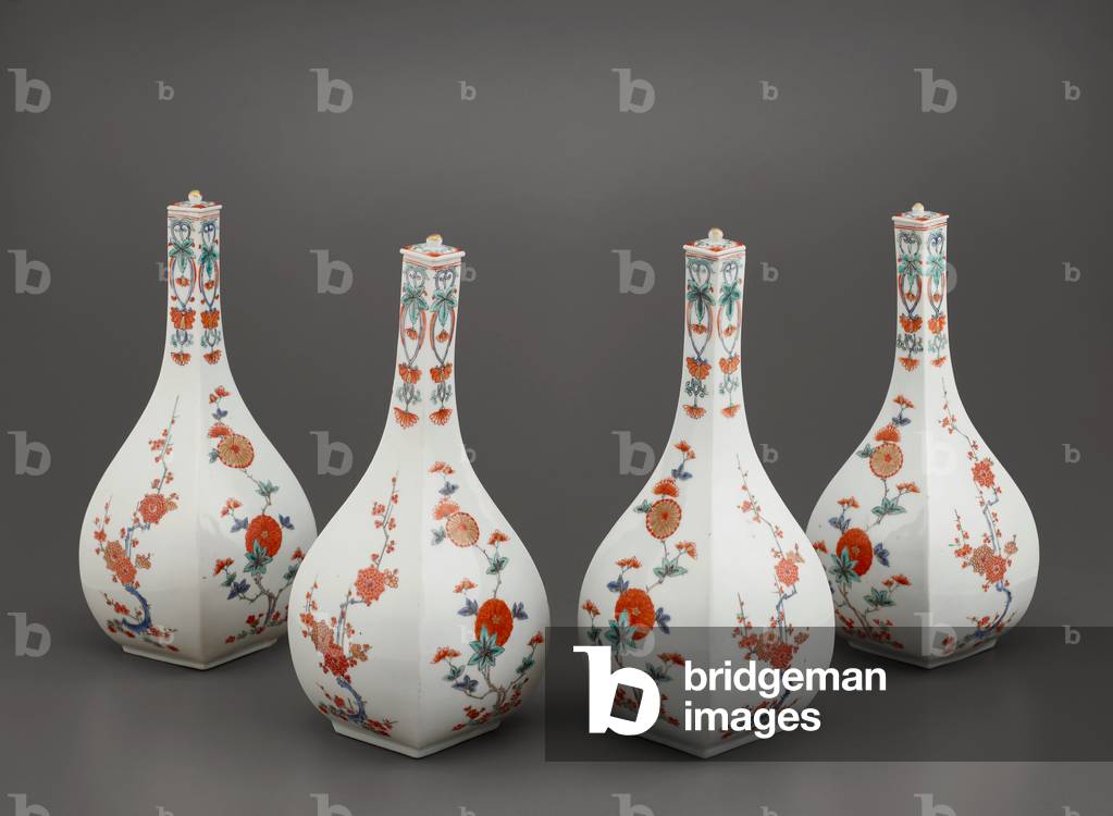 Four square bottles with lids by Japanese Artist
