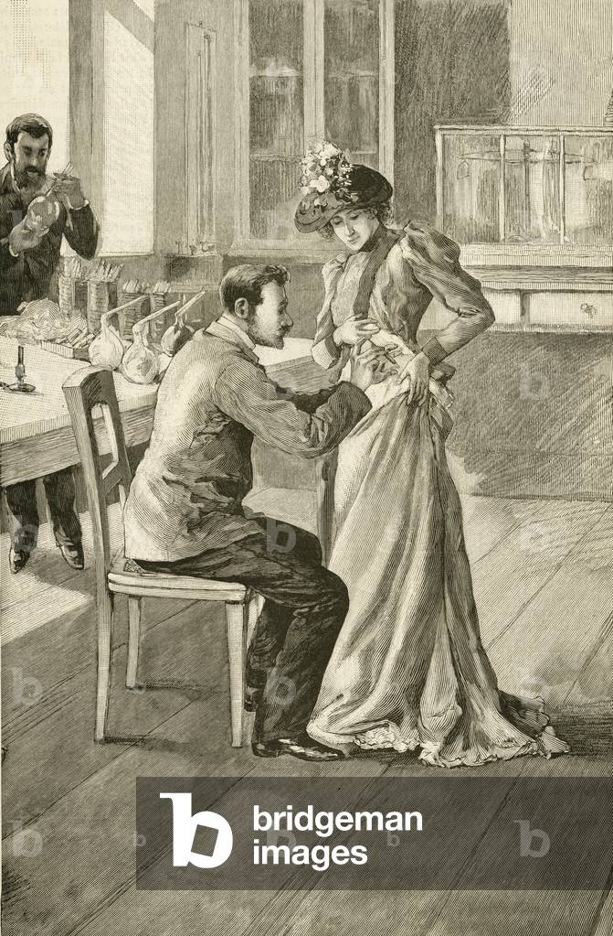 Medico in esame donna con colera. XIX secolo (incisione)