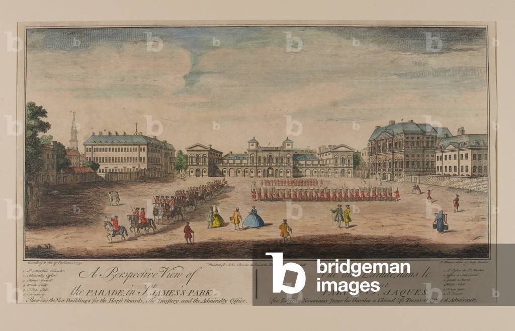Ein perspektivischer Blick auf die Parade in St Jamess Park zeigt die Neubauten für die Pferdewache, um 1752 (