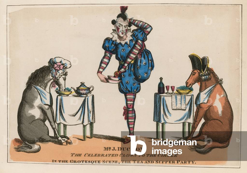 John Ducrow, der gefeierte Clown des Kreises in der Grotesken Szene, die Tee- und Abendparty (farbige Gravur)