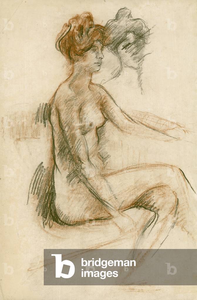 Studio di un nudo seduto, braccio sinistro sollevato, c. 1890 (matita, carboncino & gesso marrone su carta)