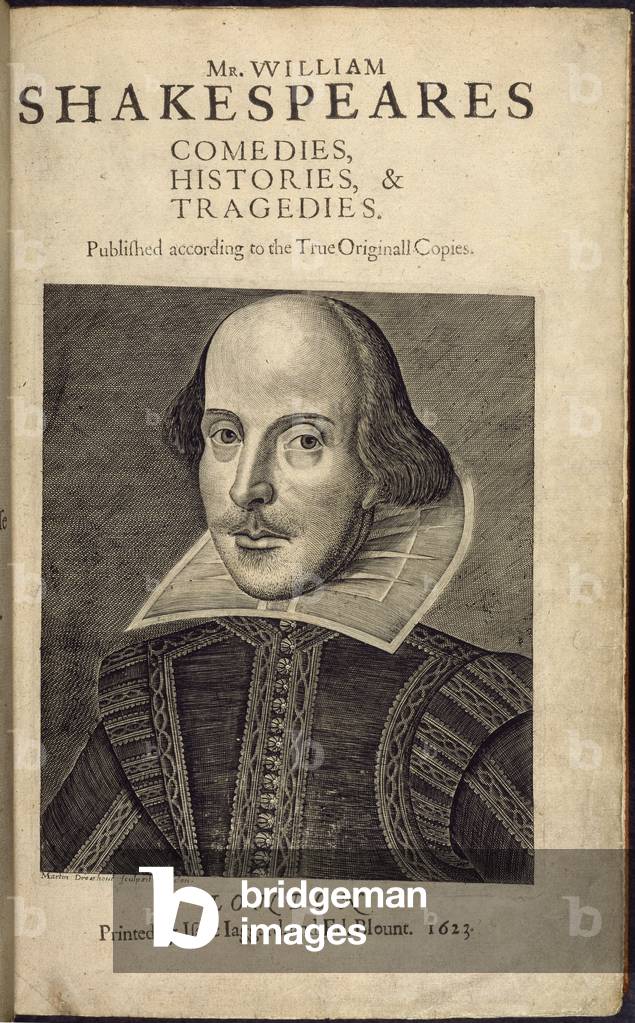 Image de Gravure représentant William Shakespeare (1564 - 1616). Dramaturge 1623 par Martin Droeshout, b/w