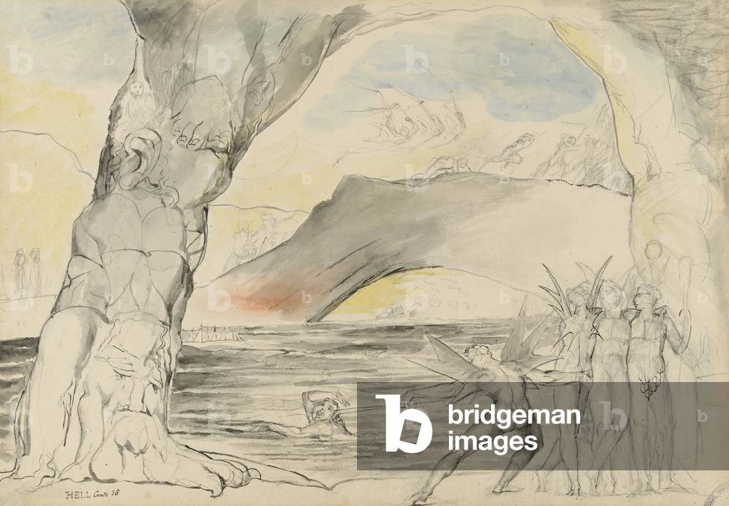 The devils under the bridge, illustration to the 'Divine Comedy' by Dante Alighieri, 1824-27 (pen & ink with w