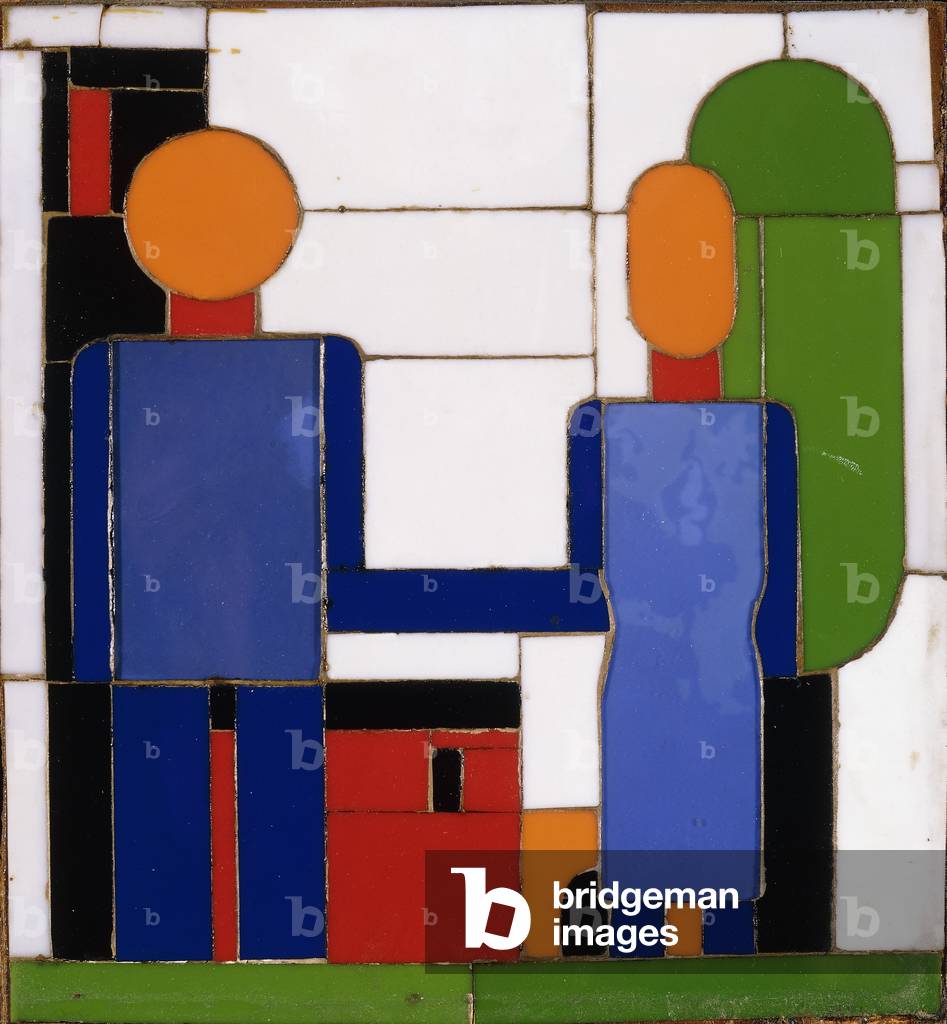 Mann und Frau mit schneidenden Armen; Mann und Frau mit ineinander ubergehens Armen, um 1932 (Glasmosaik an Bo