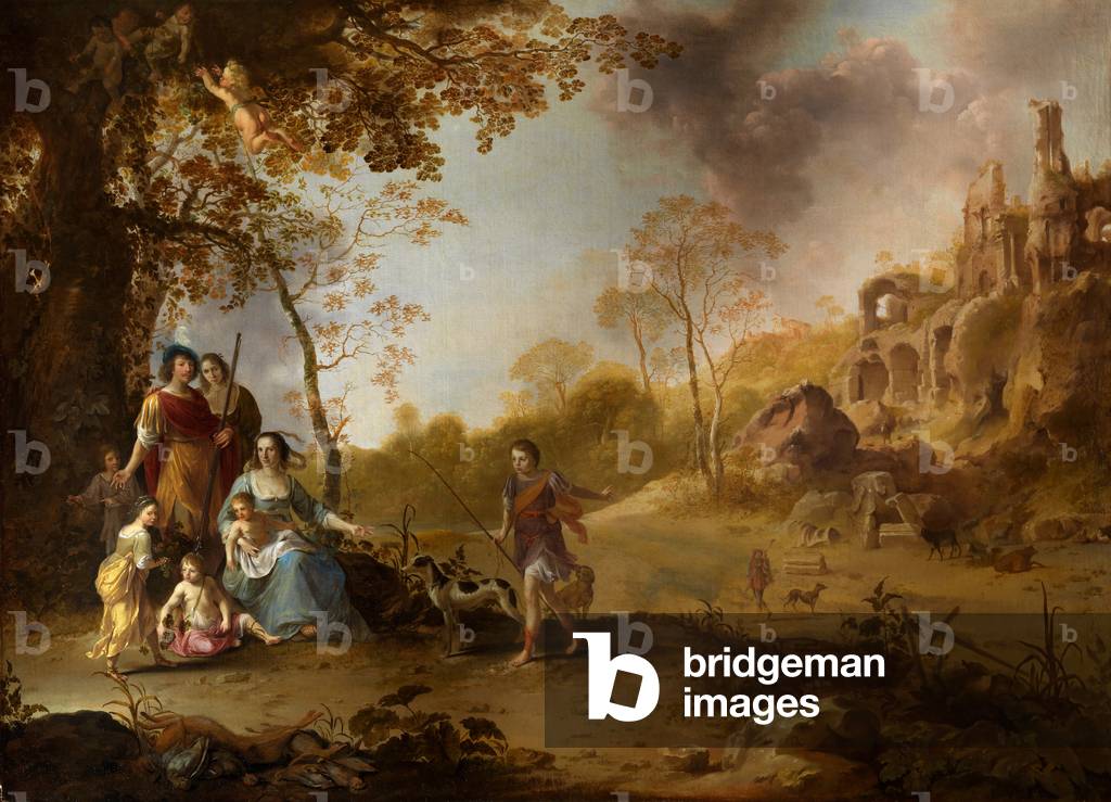 un allegorico famiglia ritratto in un paesaggio (olio su tela)