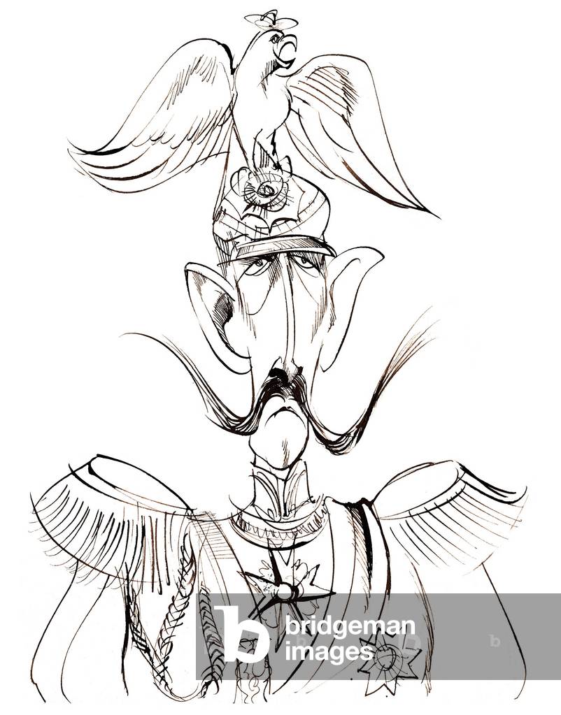Guglielmo II, imperatore di Germania; Re di Prussia (1859-1941); caricatura con casco d'aquila