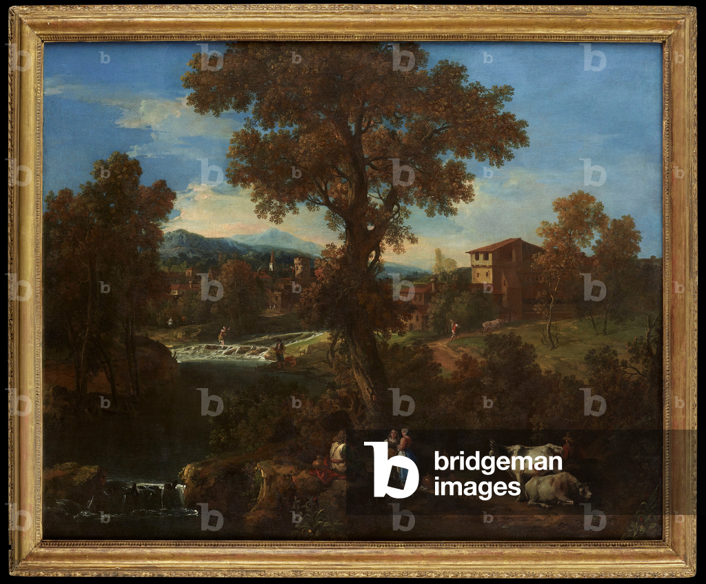 Image of Painting depicting A River Landscape with Washerwomen and Cowherds in the Foreground 1735 by Francesc