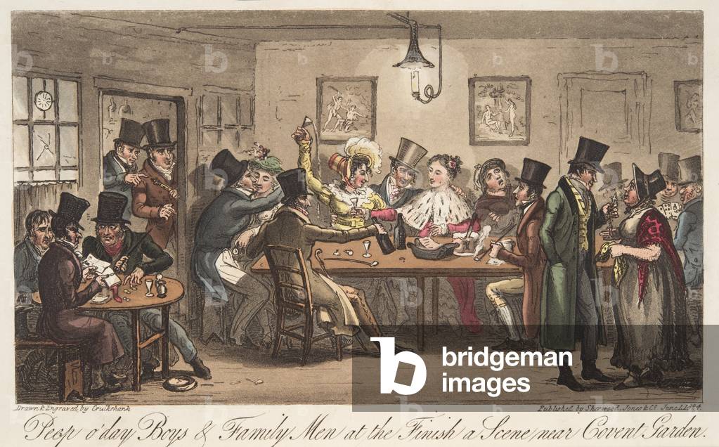 Bild von Gravur "Peep O'Days and Famiiy Men at the Finish" von Isaac Robert Cruikshank, b/w