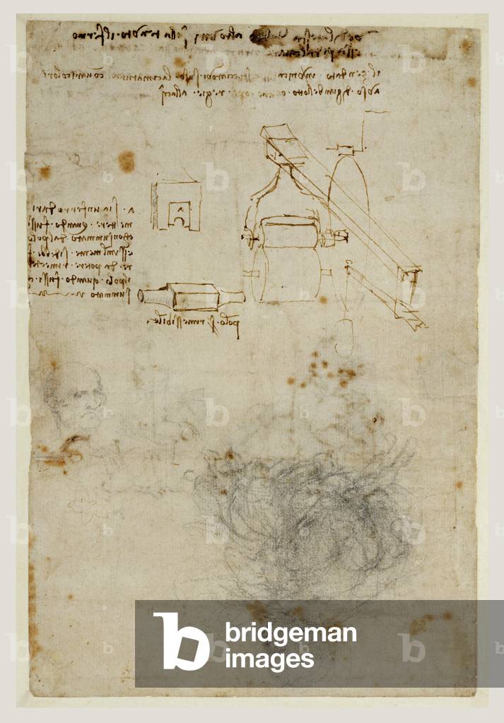 Kopf eines alten Mannes und Studien von Maschinen (verso), um 1503-1506 (schwarze Kreide, Stift und braune Tin