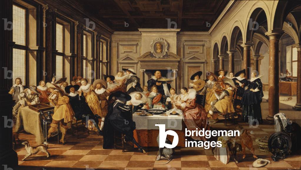 Ein fröhliches Unternehmen in einem palastlichen Interieur, (Öl auf Tafel)