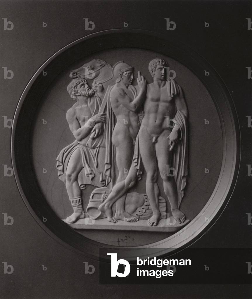 Tre guerrieri e un cavallo, Wedgwood jasperware bassorilievo o tavoletta (autotipo)