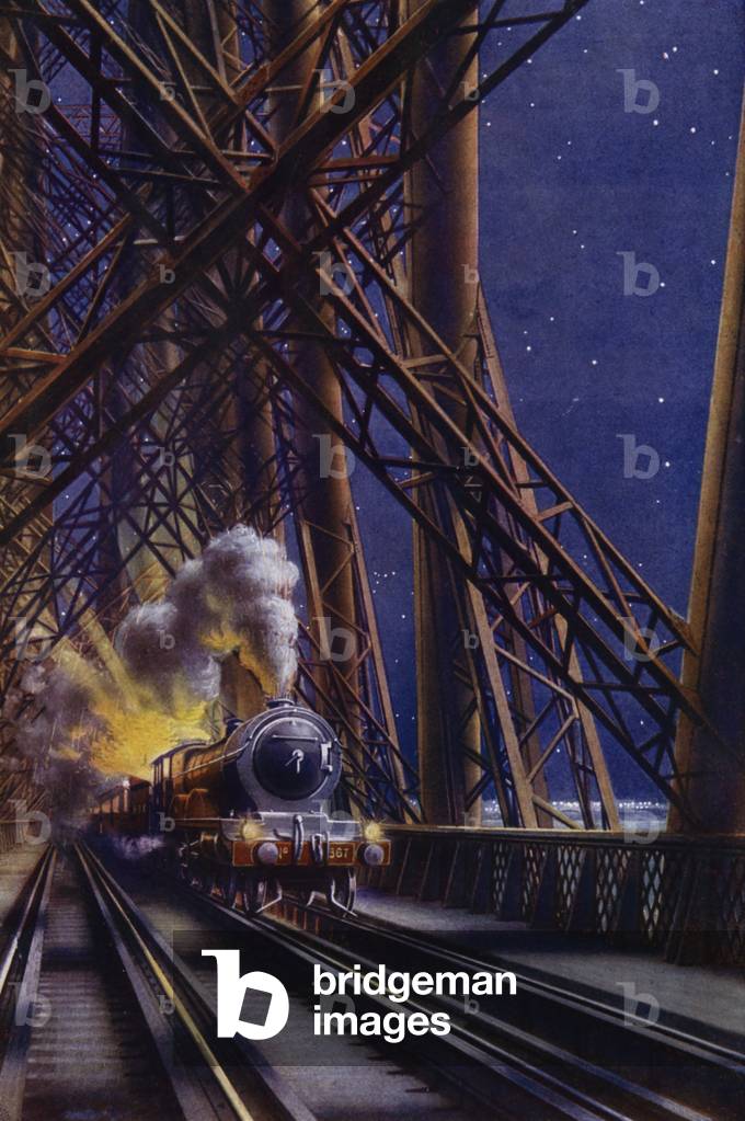 Nachtzug über die Forth Bridge, Schottland (Farblitho)