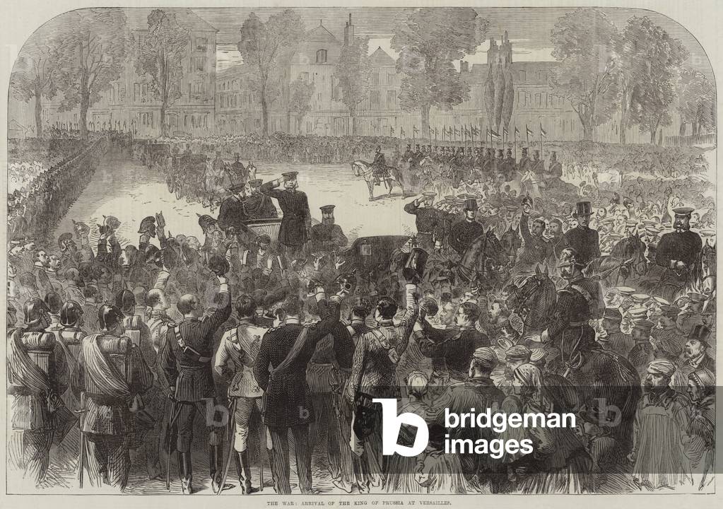"la guerra arrivo del re di Prussia a Versailles (incisione)" di English School, b/w