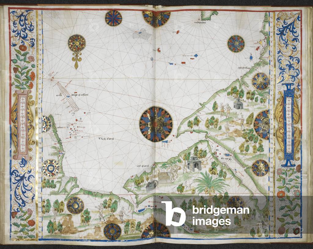 Royal MS 20 E IX f.11v to f.12r Carta delle coste dell'Asia e dell'Africa da Capo Comorin a Capo Delgado, comp