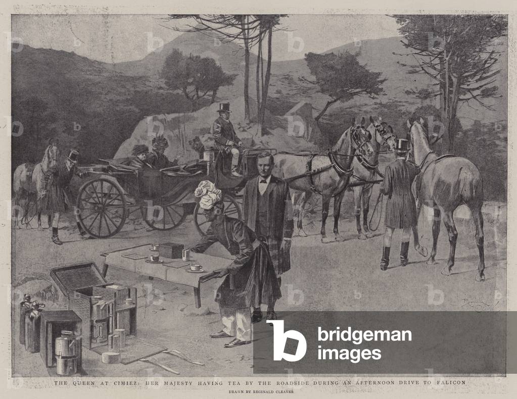 The Queen at Cimiez, Her Majesty having Tea by the Roadside during an Afternoon Drive to Falicon (litho)