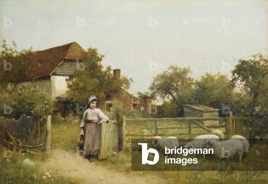 giovani ragazza con pecore, di un Cottage, (matita e acquerello intensificato con bianca)