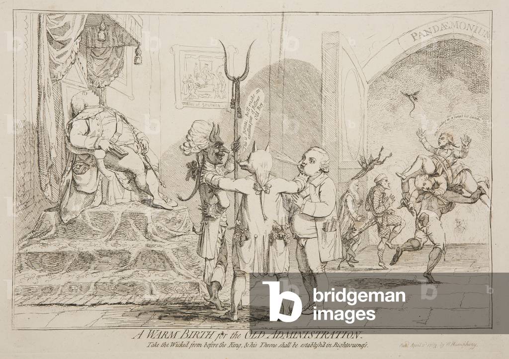Une naissance chaude pour l'ancienne administration 1783 par James Gillray, b/w