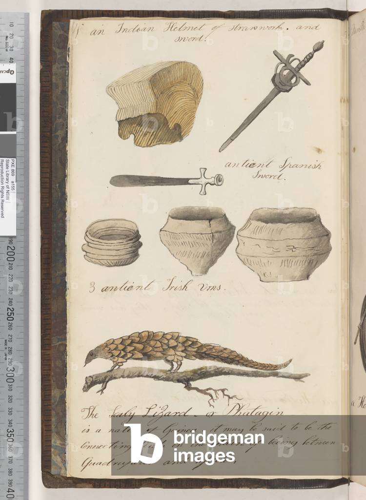 Pagina 4. Un elmo indiano di paglia e spada; un antiente spada spagnolo; 3 urne irlandesi antienti; la lucerto
