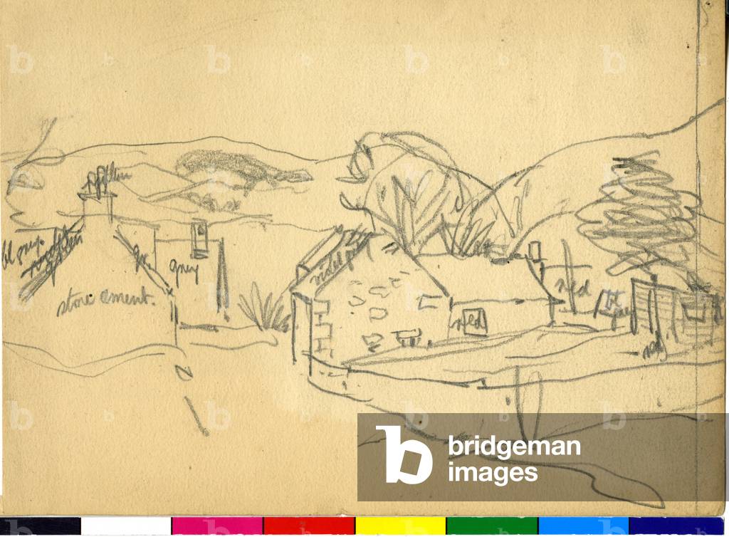 Hütten und Landschaft - Skizze mit Farbnotizen, um 1920-73 (Bleistift auf Papier)