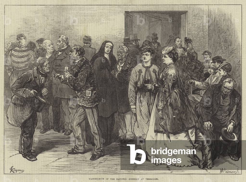 "Wartezimmer der Nationalversammlung in Versailles (Gravur)" 1871 von Felix Regamey, b/w