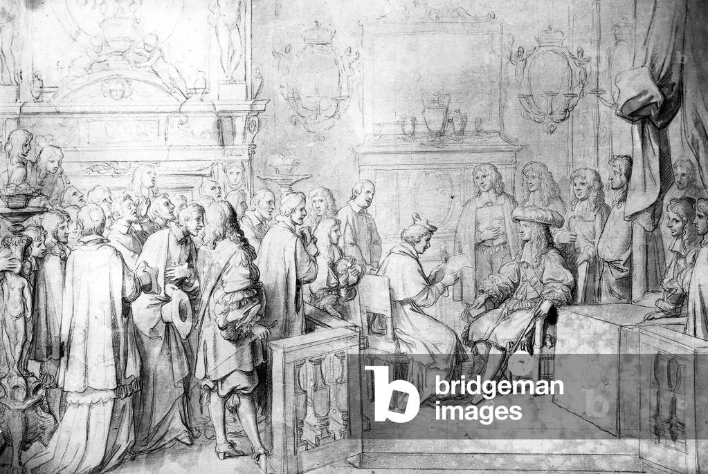 Cardinal Legat Chigi received by French king Louis XIV in Fontainebleau july 29, 1664, drawing by Charles Le B