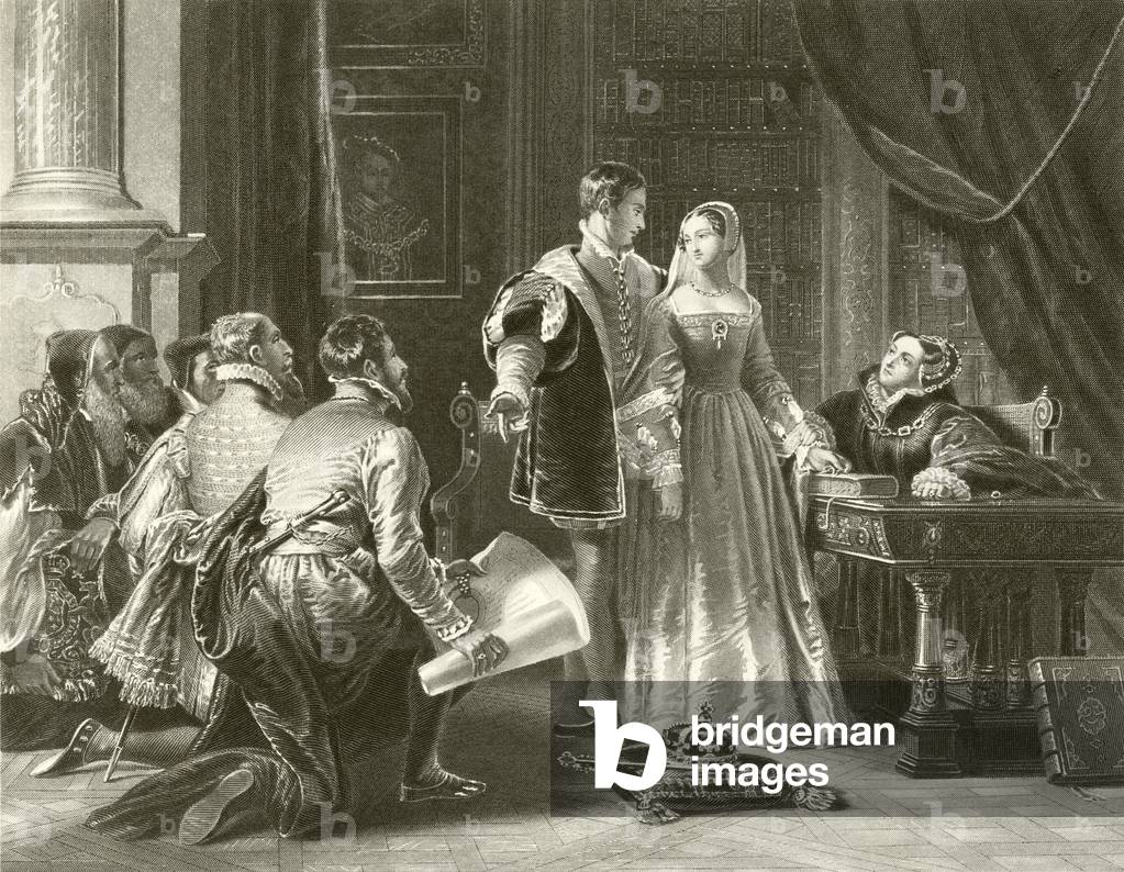Lady Jane Greys Zurückhaltung, die Krone zu akzeptieren (Gravur)