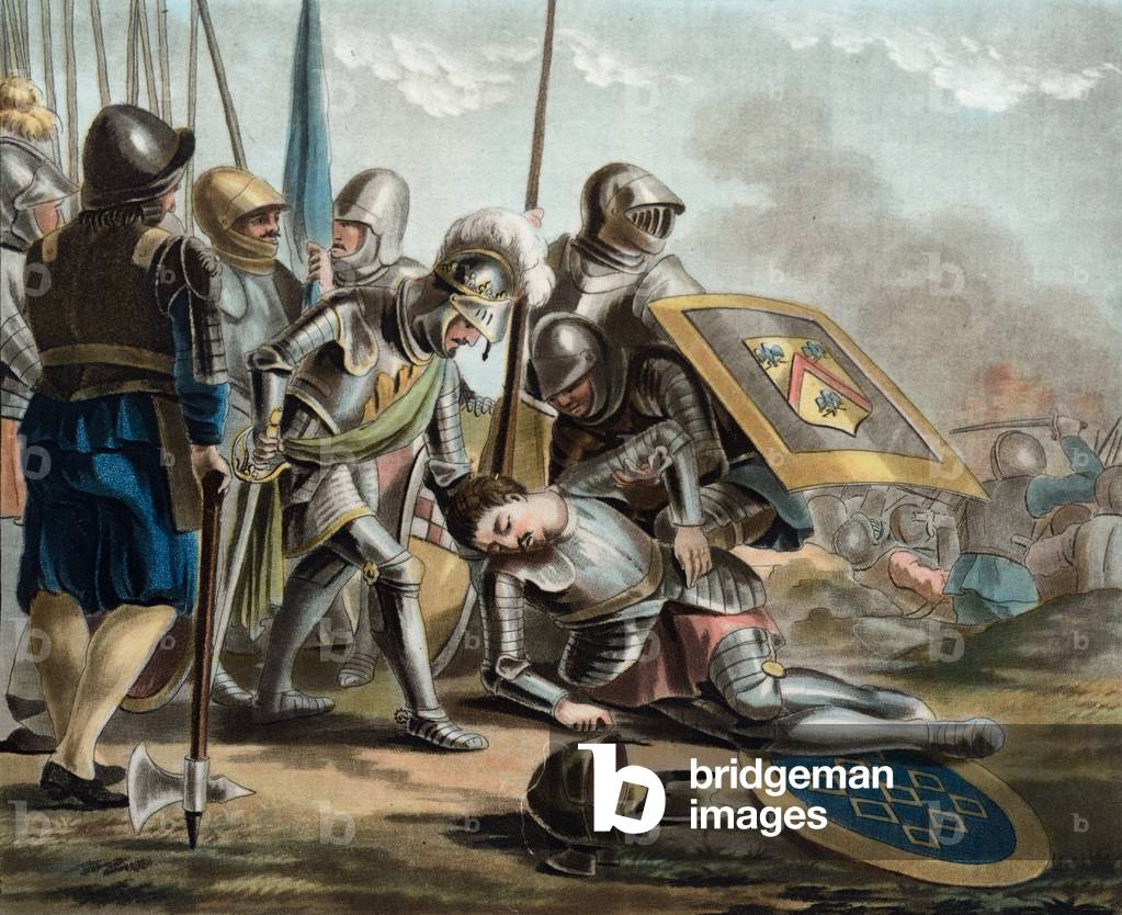 "Morte di Jean de Carcado de Molac a Battaglia di Pavia Italia (incisione)"