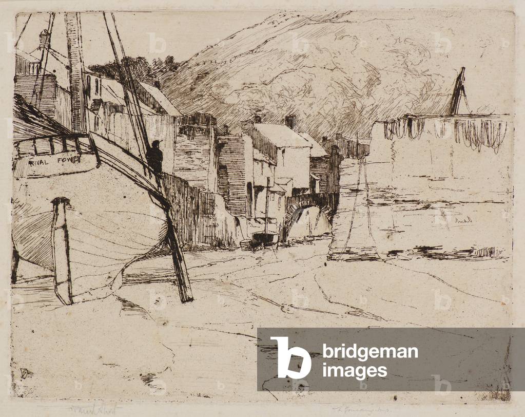 Polperro Harbour with Bridge (etching) by Frederick Short