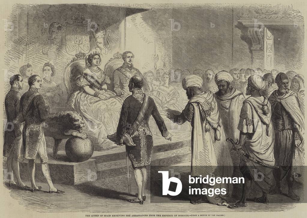 "Die Königin von Spanien empfängt die Botschafter des Kaisers von Marokko (Gravur)" von English School, b/w