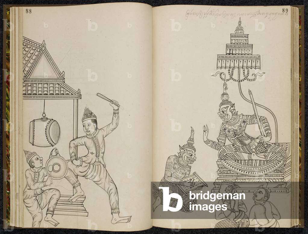 Ravana sul suo trono con gli assistenti, una figura che batte un gong o un tamburo, 1880 (disegno)