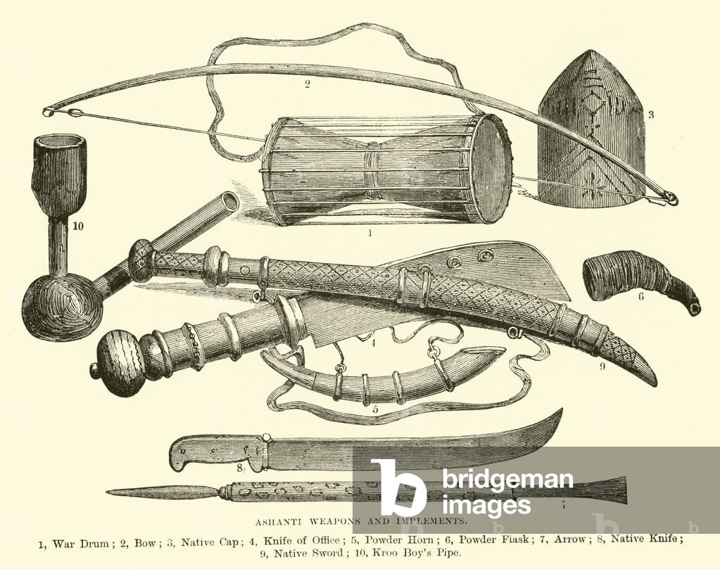 Ashanti weapons and implements (engraving) by English Artist, b/w