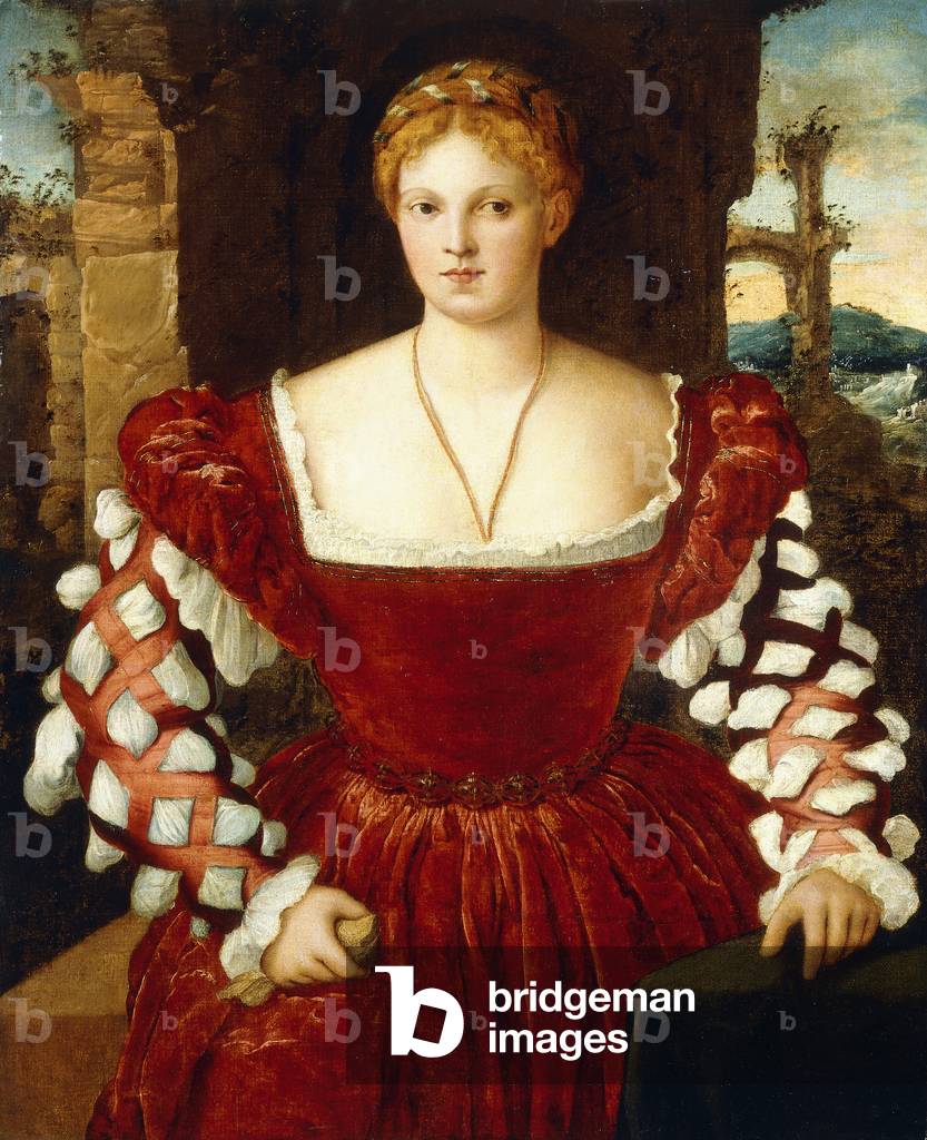 ritratto di una signora, in piedi tre quarti di lunghezza, indossando un vestito di velluto rosso, (olio su te