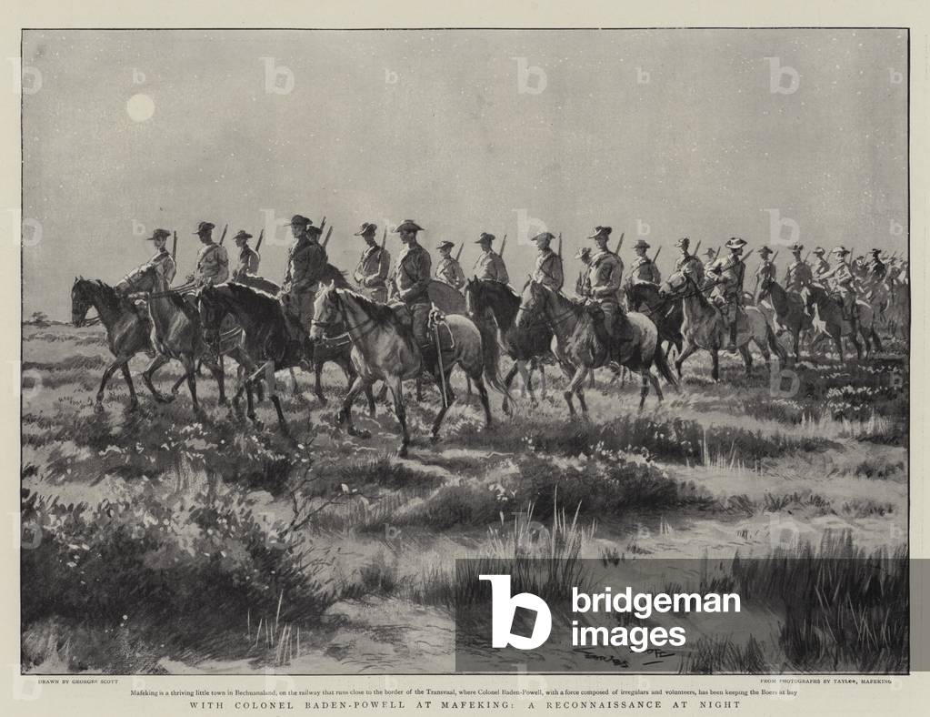 Image of Print depicting With Colonel Baden-Powell at Mafeking by Georges Bertin Scott, b/w