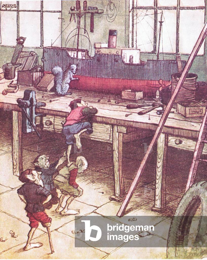 Er musste auf die Bank steigen, von Down the Bright Stream pub.von Metheun, 1972 (color litho)