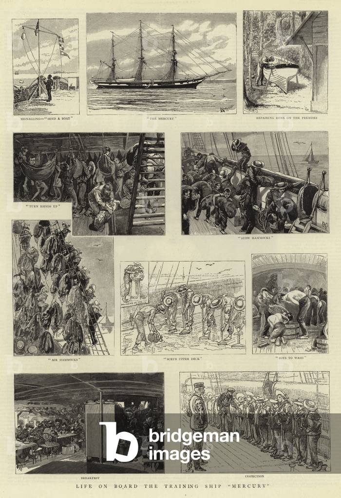 "Leben an Bord des Trainingsschiffs “Quecksilber” (Gravur)" von English School, b/w