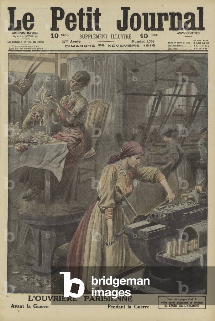 "Lavori effettuati dalle lavoratrici parigine prima e durante la prima guerra mondiale (lito a colori)" di Fre