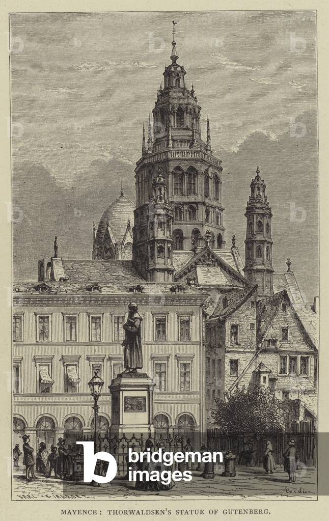 Mayence, Statue de Gutenberg de Thorwaldsen (gravure)