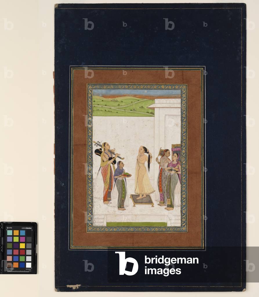 Una donna che completa la sua toilette, c.1725 (opaco c/c e oro su carta, montato su una pagina album)