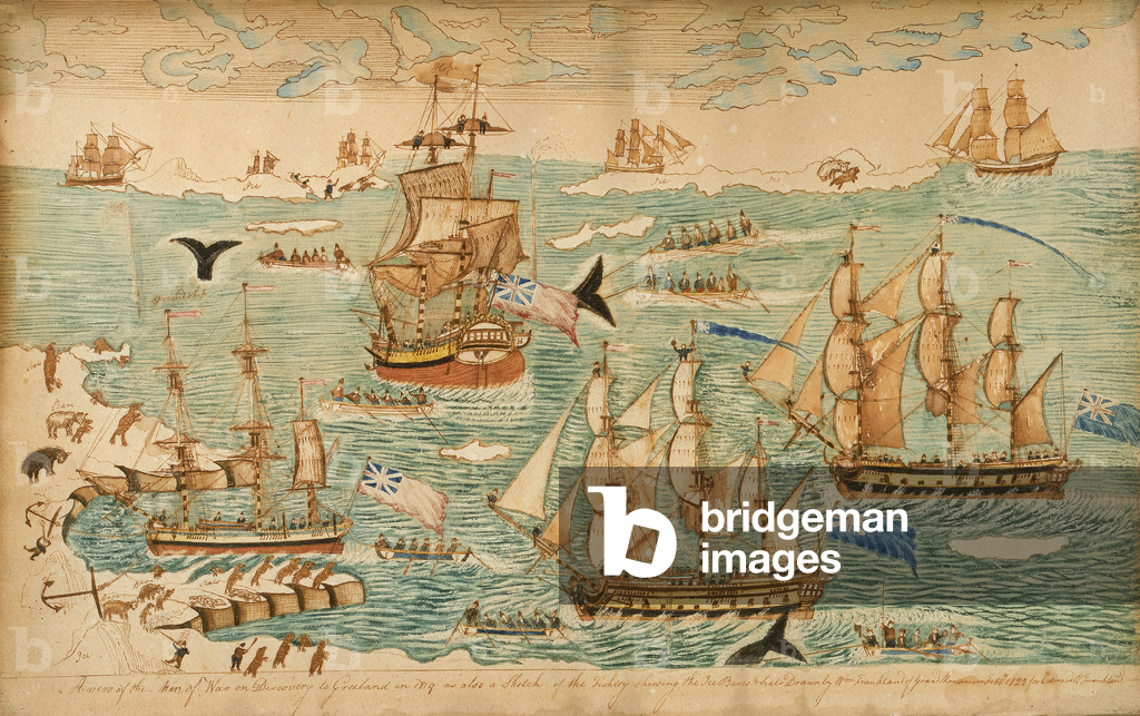 Bild von Zeichnung "Ein Blick auf die Männer des Krieges gegen Entdeckungen nach Grönland" 1822 von William Fr