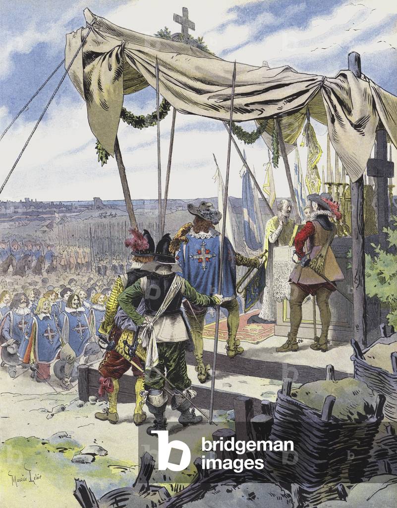 "Richelieu feiert Messe im Lager von La Rochelle (Farblitho)" von Maurice Leloir