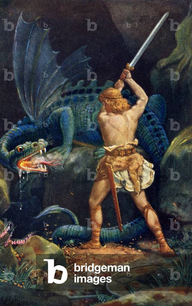 Image of Siegfried fighting the Dragon (print) by Unknown Artist