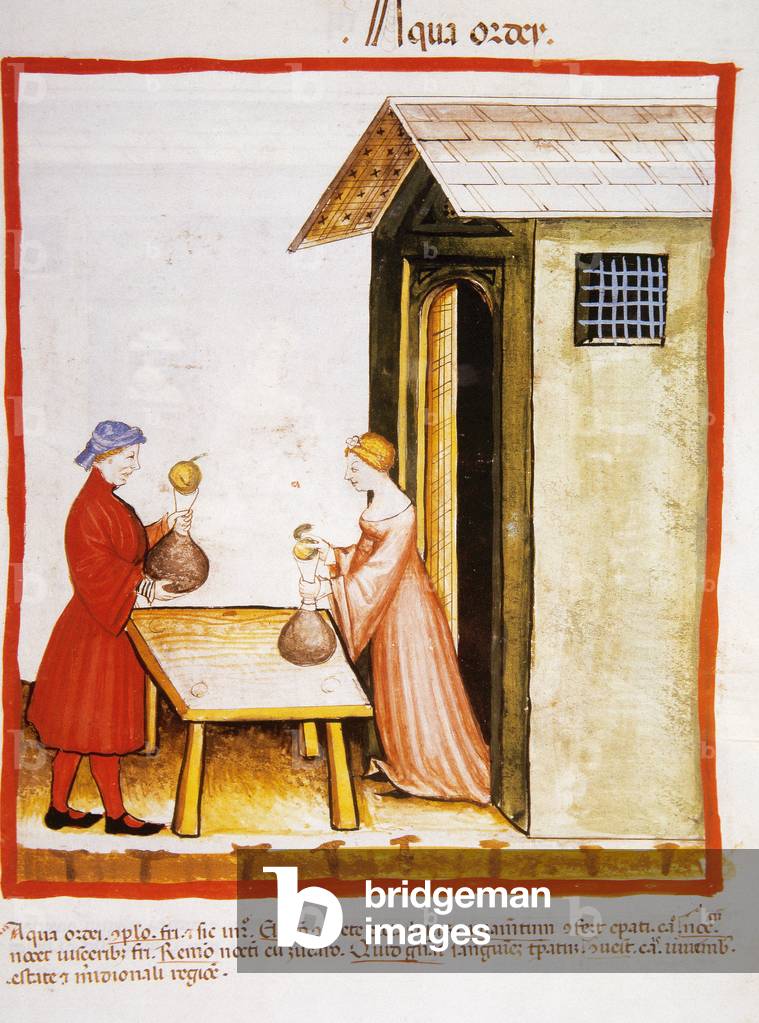 Tacuinum Sanitatis. Ende des 14. Jahrhunderts. Verkauf von Abkochung von Gerste. Miniatur. Folio 45r.