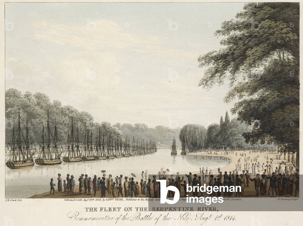 "Hyde Park durante la Fiera del Giubileo; guardando lungo il Serpentine con una flotta di navi a sinistra; fig