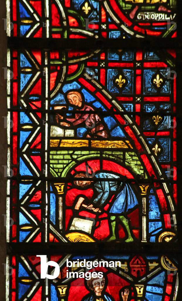 Theophilus builds a church (stained glass) by French Artist