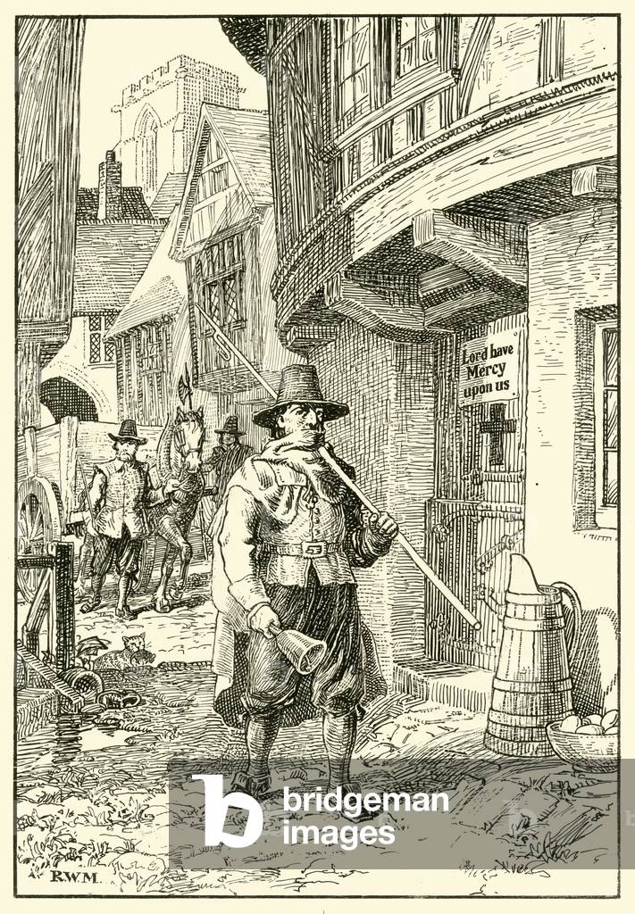 Immagine di Disegno "scena di strada durante il Grande peste (inchiostro su carta)" di English School, b/w