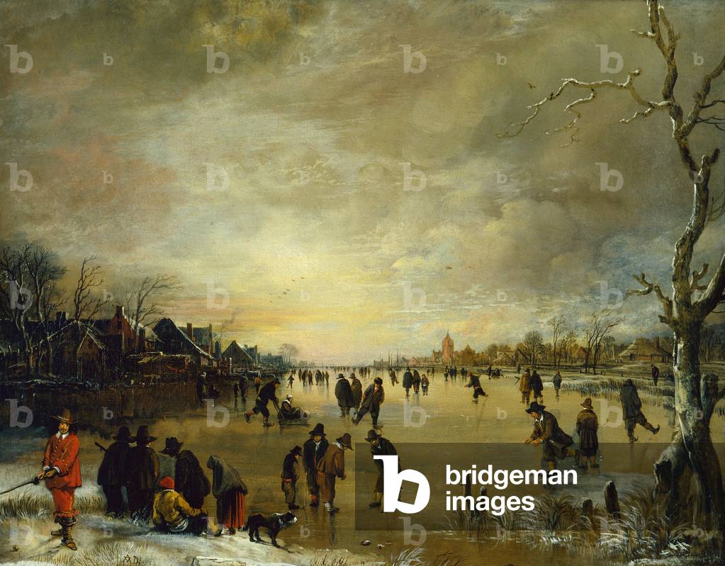 Bild von Gemälde "Winterlandschaft bei Sonnenuntergang mit Golf- und Skating-Leuten (Öl auf Leinwand)" von Aer