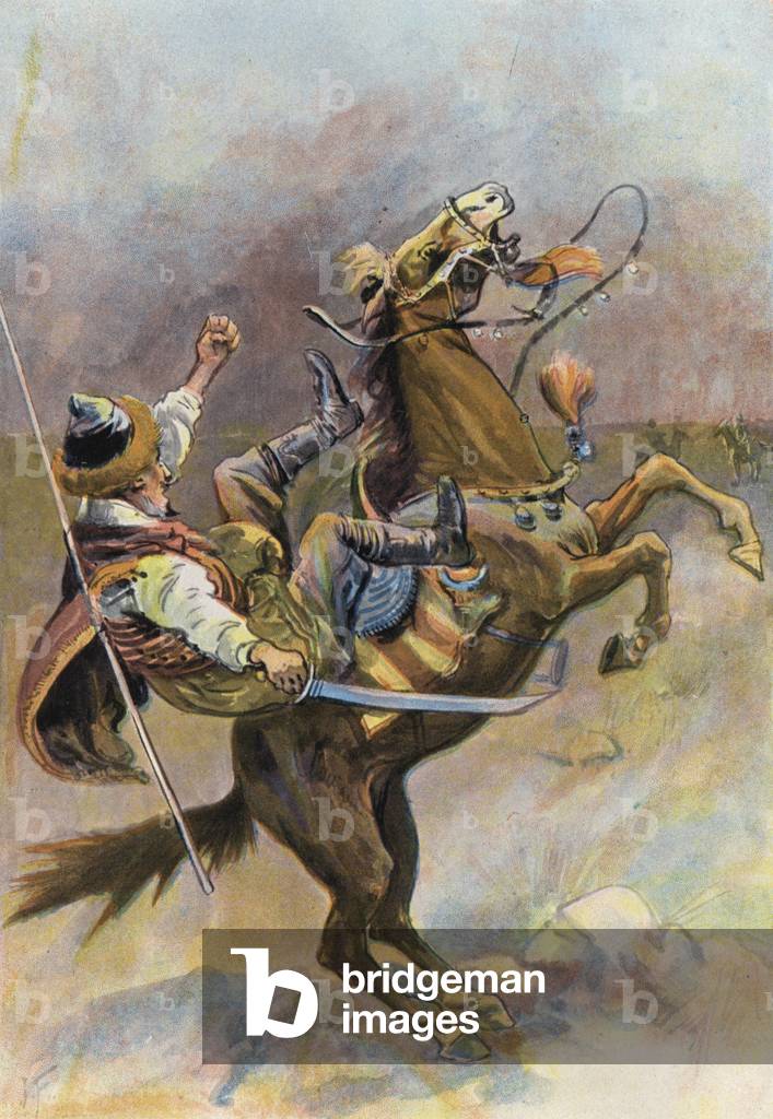 "Robinson Crusoe: Das Pferd warf den Zahnstein nieder und fiel auf ihn (Farblitho)" 1901 von Joseph Finnemore