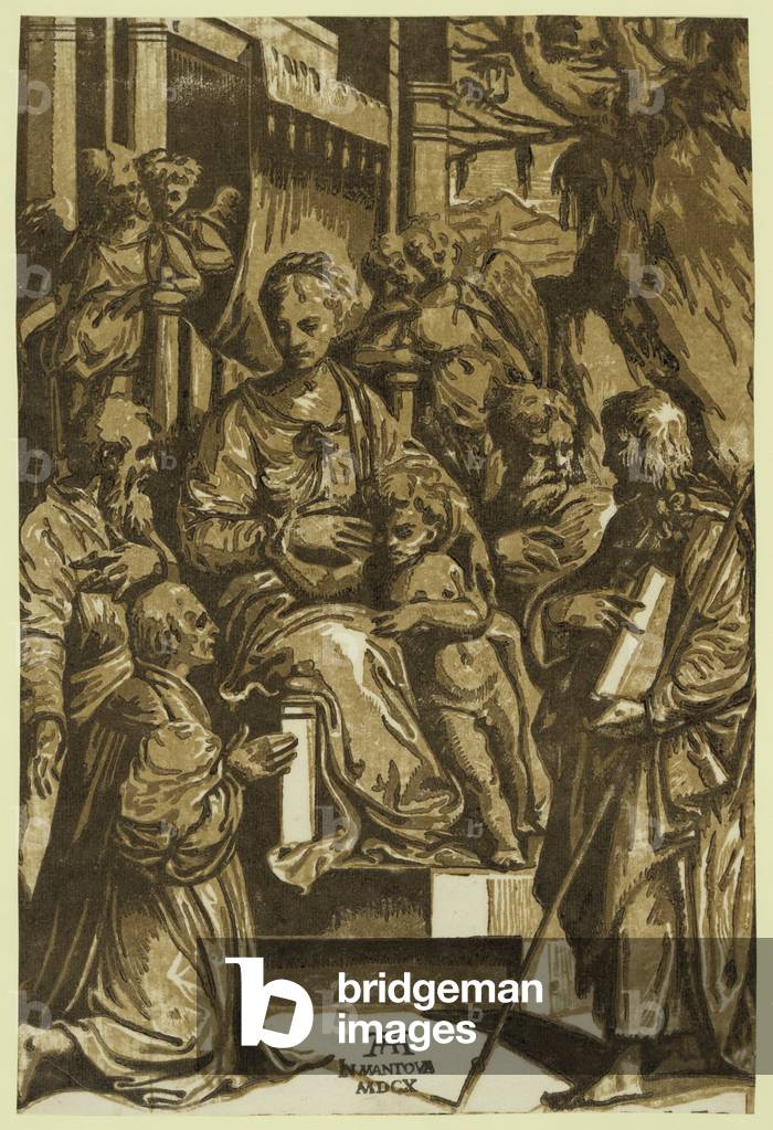 Immagine di Incisione "la vergine e il bambino circondato da santi e in ginocchio donatore" 1610 di Unknown Ar