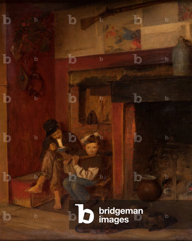 Image of Painting depicting The Fifer and His Friend 1870 by Eastman Johnson, b/w